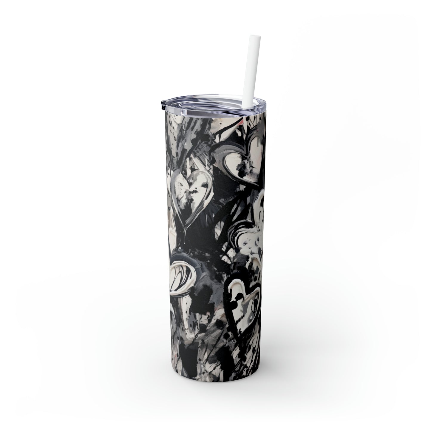 Black and White Painted Hearts - Skinny Tumbler with Straw, 20oz - Stainless Steel