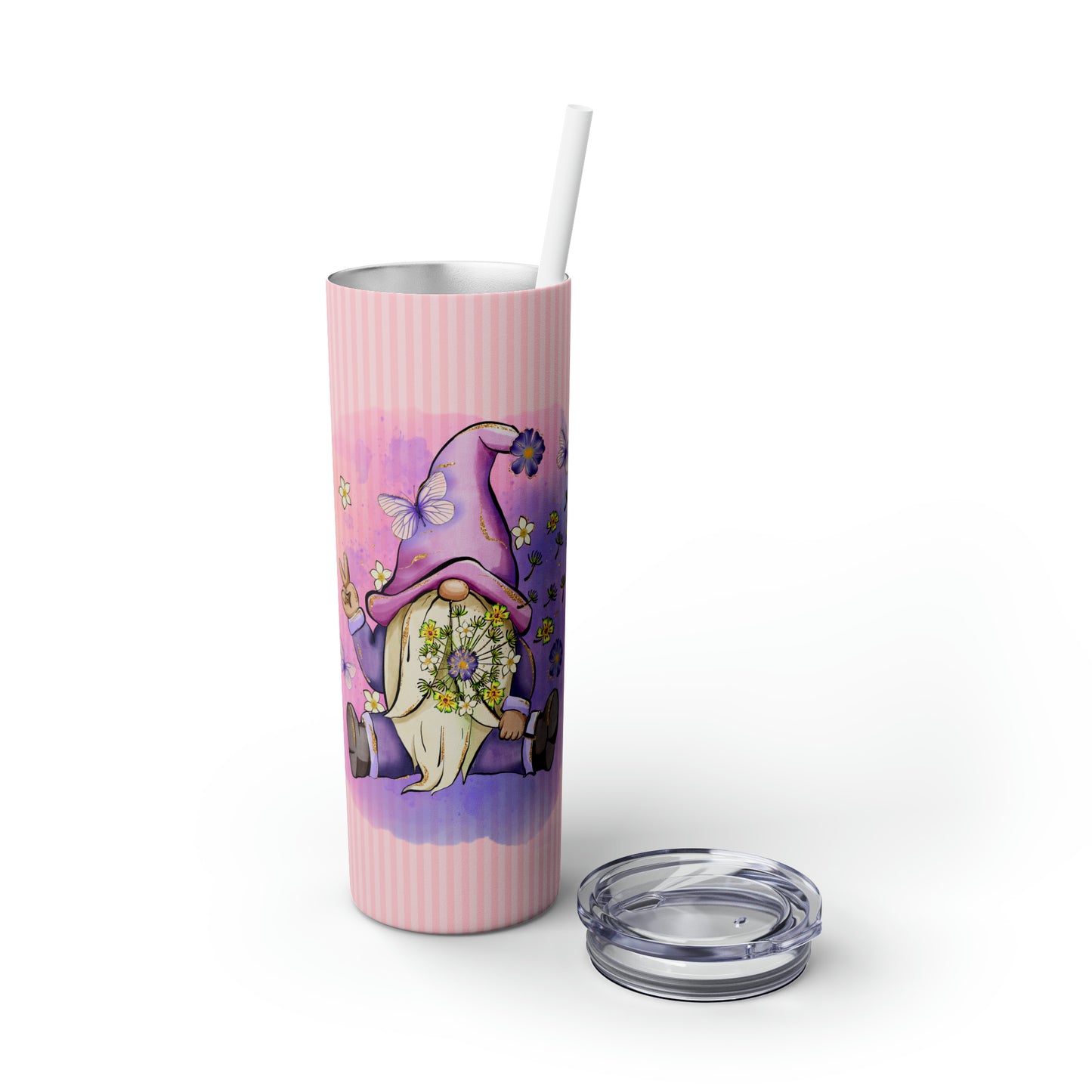 Purple Peace Gnome - Flowers and Butterflies - Pink Stripes - Skinny Tumbler with Straw, 20oz - Stainless Steel