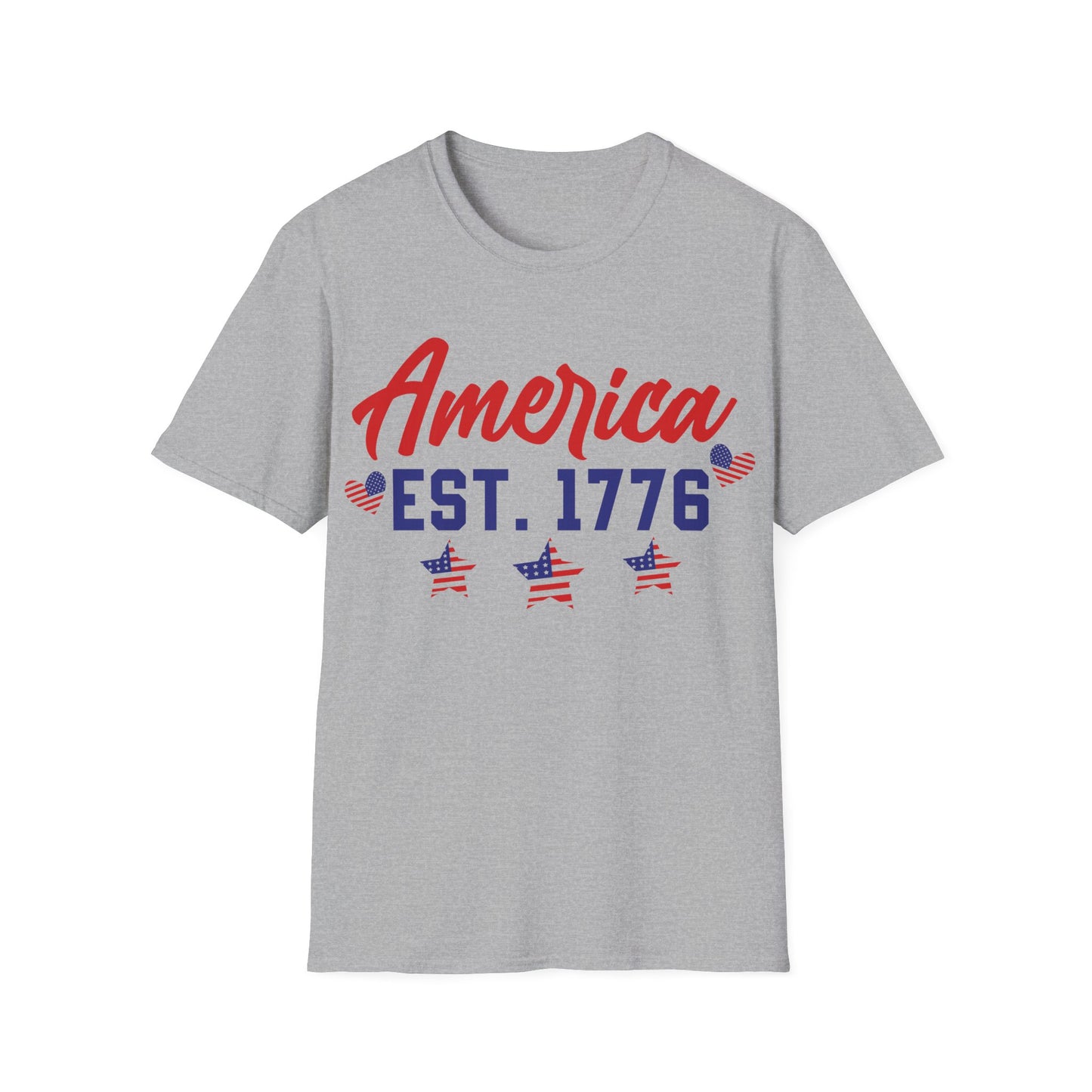 America - Est 1776 - American Flag - Heart - Star - 4th of July - Independence Day - Unisex Softstyle T-Shirt