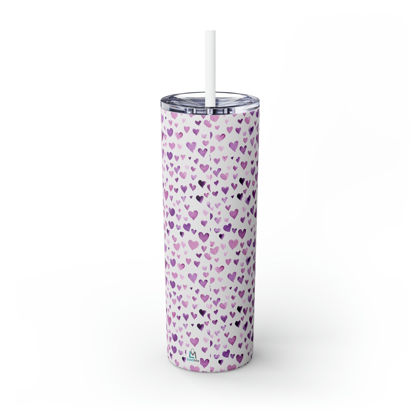 Mini Love Hearts - Purple Floating Hearts - Skinny Tumbler with Straw, 20oz - Stainless Steel