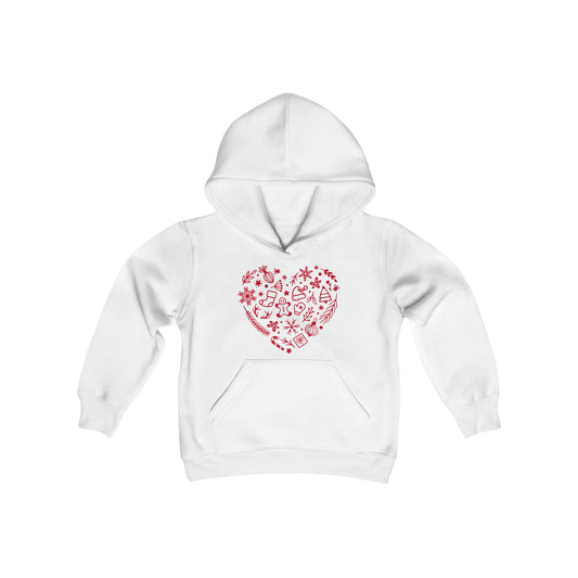 Christmas Doodles Heart - Funny Christmas - Hand Drawn - Funny Christmas - Fun Winter - Youth Heavy Blend Hooded Sweatshirt