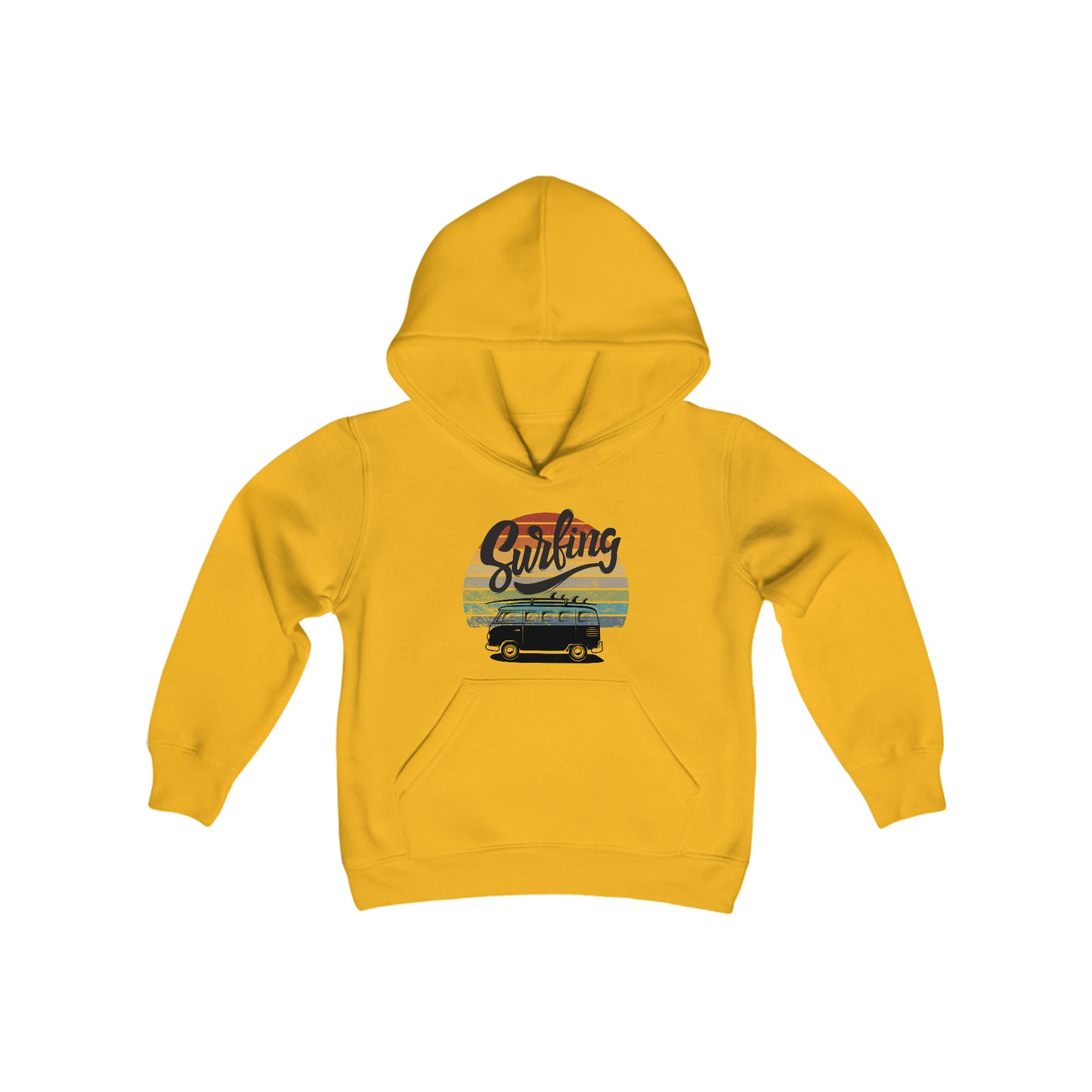 Surfing Silhouette - Van - Retro Sunset Stripes - Youth Heavy Blend Hooded Sweatshirt