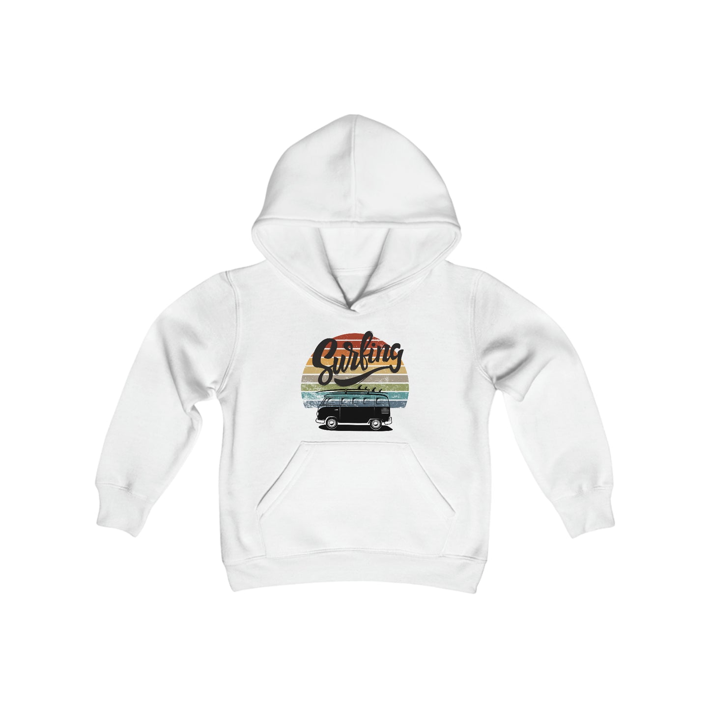 Surfing Silhouette - Van - Retro Sunset Stripes - Youth Heavy Blend Hooded Sweatshirt