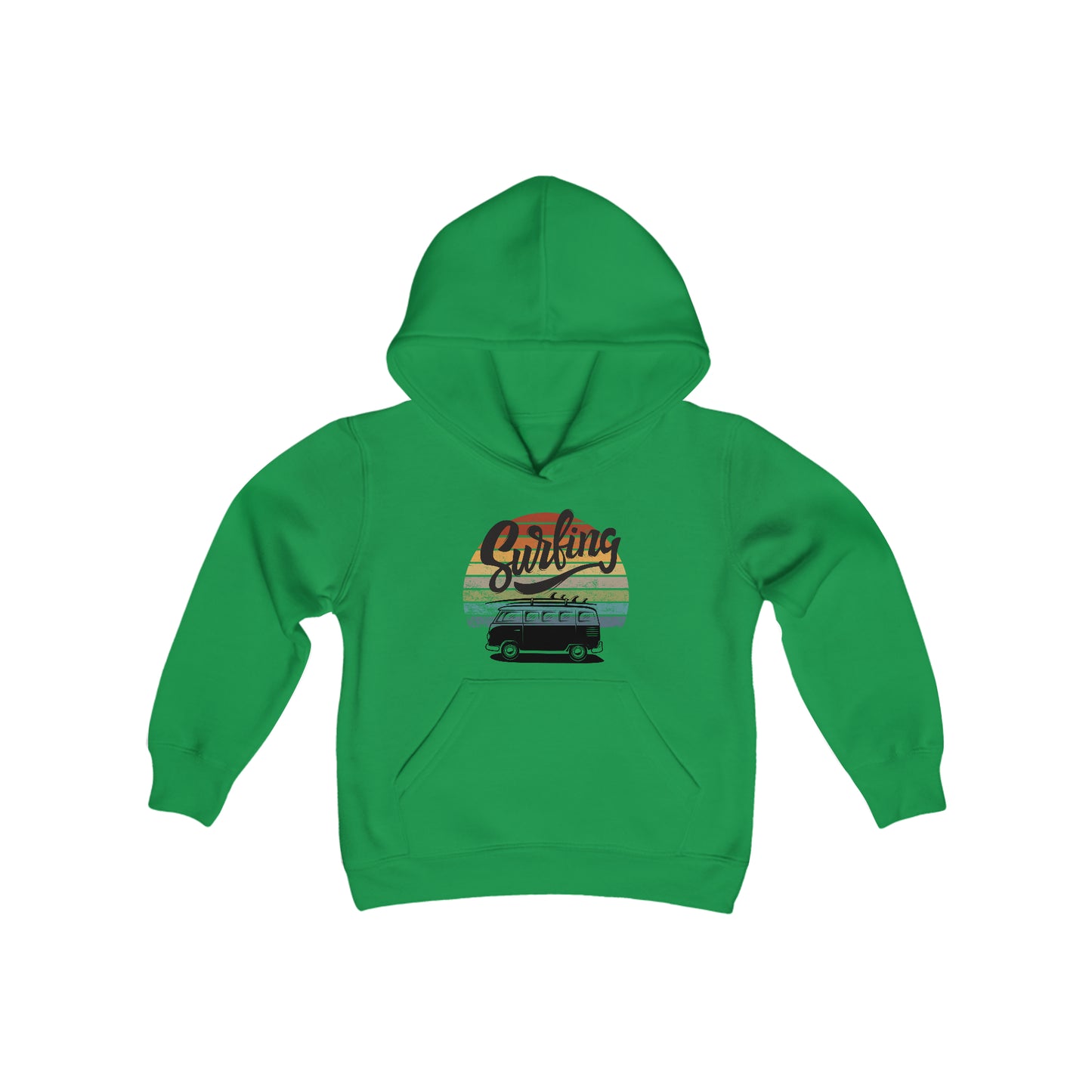 Surfing Silhouette - Van - Retro Sunset Stripes - Youth Heavy Blend Hooded Sweatshirt