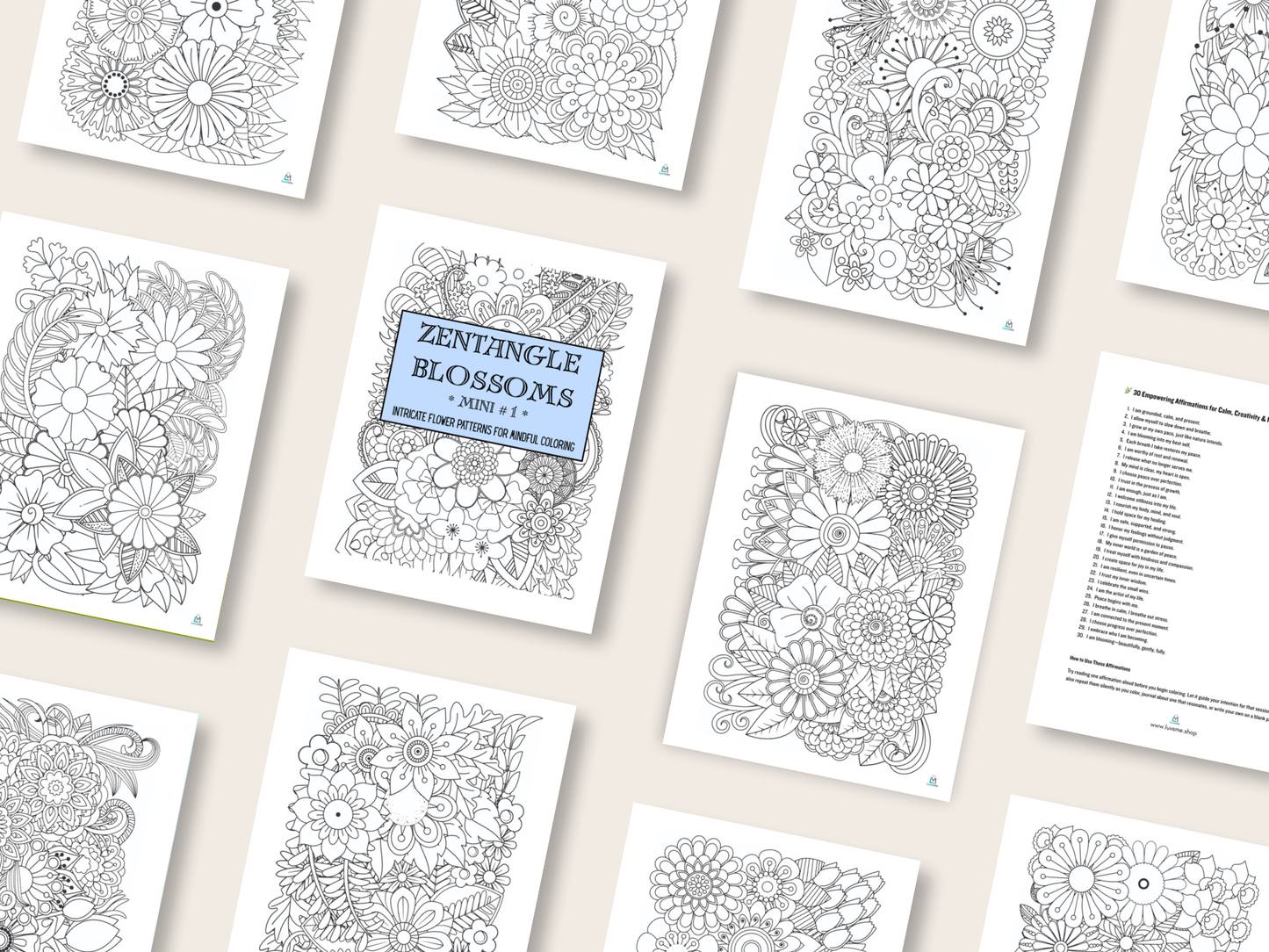 Zentangle Blossoms - Mini 1 - Intricate Flower Patterns for Mindful Coloring - Digital Download