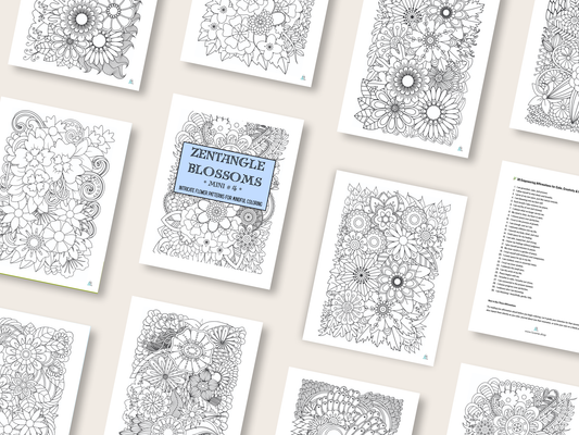 Zentangle Blossoms - Mini 4 - Intricate Flower Patterns for Mindful Coloring - Digital Download