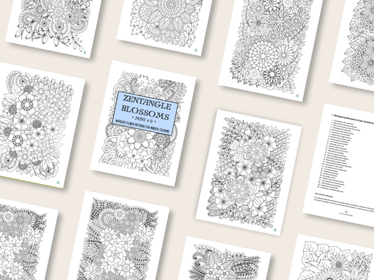 Zentangle Blossoms - Mini 5 - Intricate Flower Patterns for Mindful Coloring - Digital Download