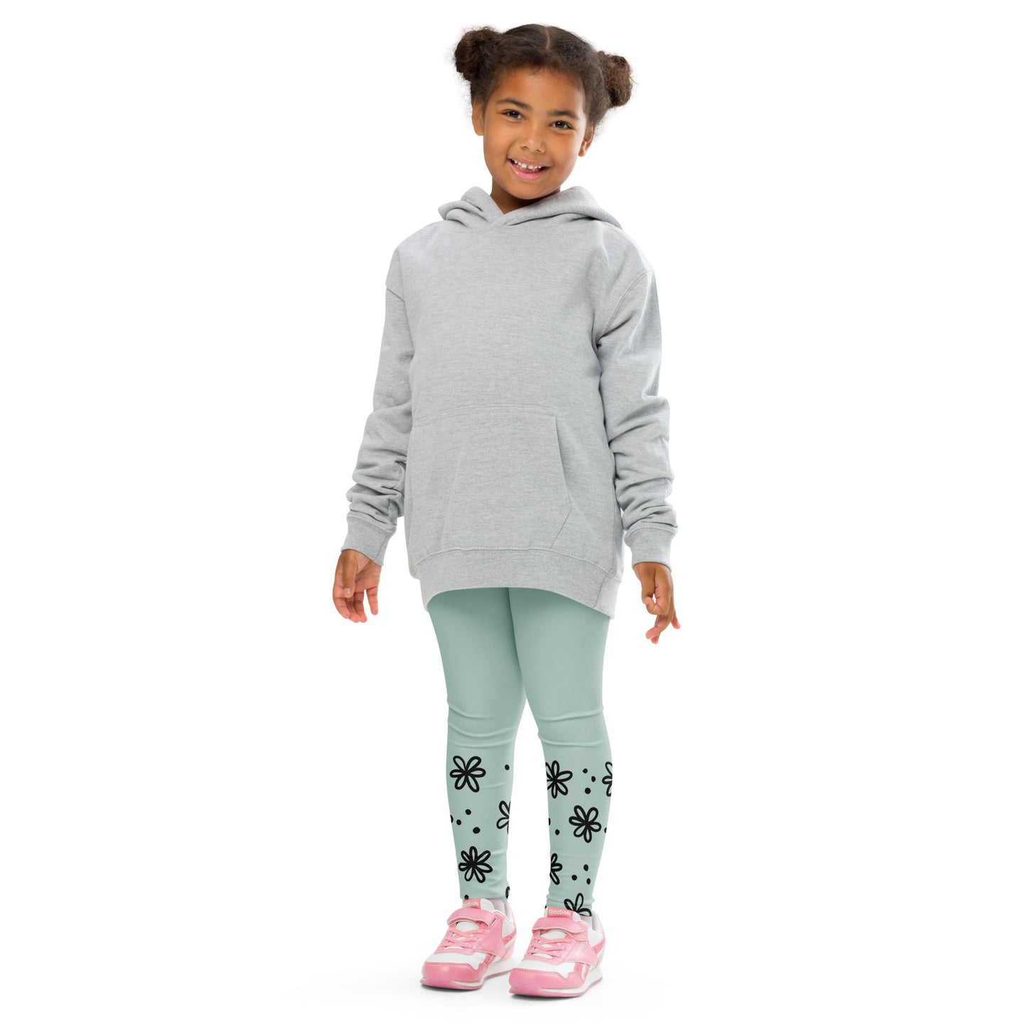 Sage with Black Flower Cuffs - Kid's Leggings