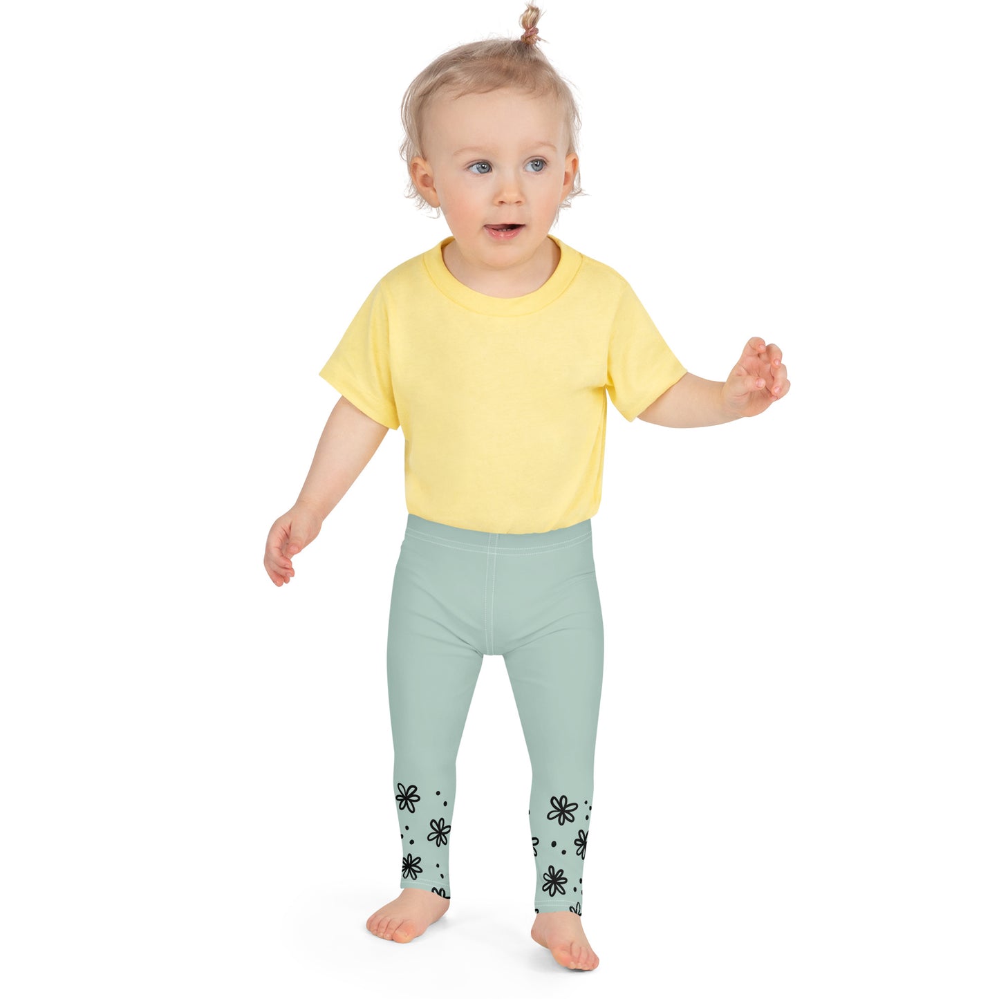 Sage with Black Flower Cuffs - Kid's Leggings