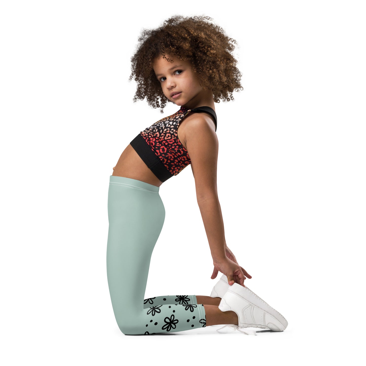 Sage with Black Flower Cuffs - Kid's Leggings