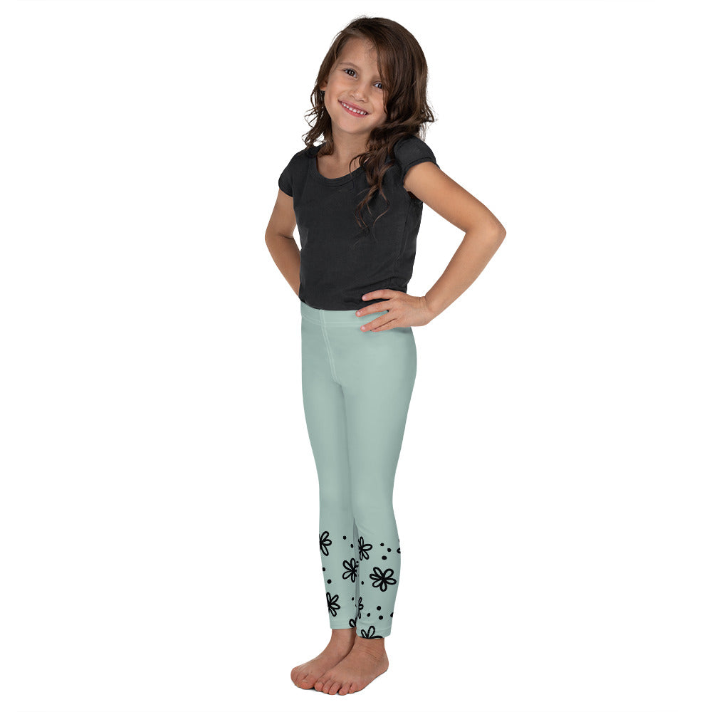 Sage with Black Flower Cuffs - Kid's Leggings