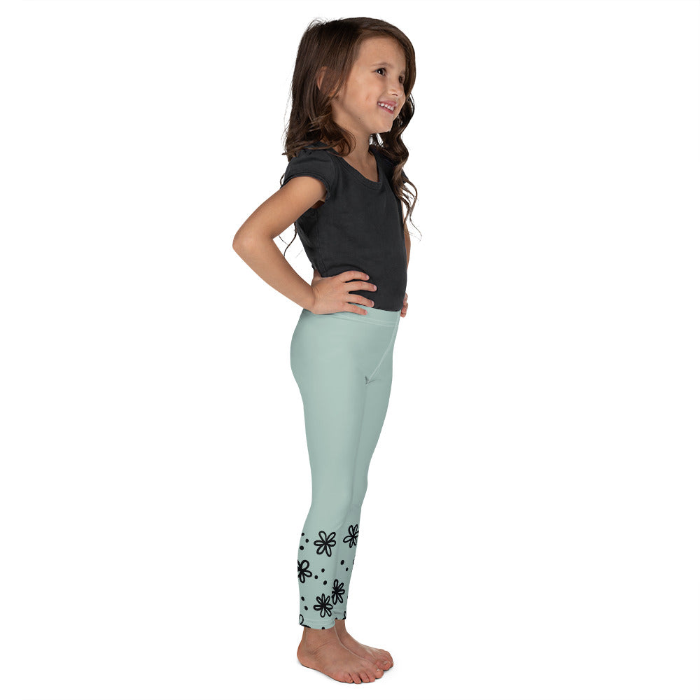 Sage with Black Flower Cuffs - Kid's Leggings
