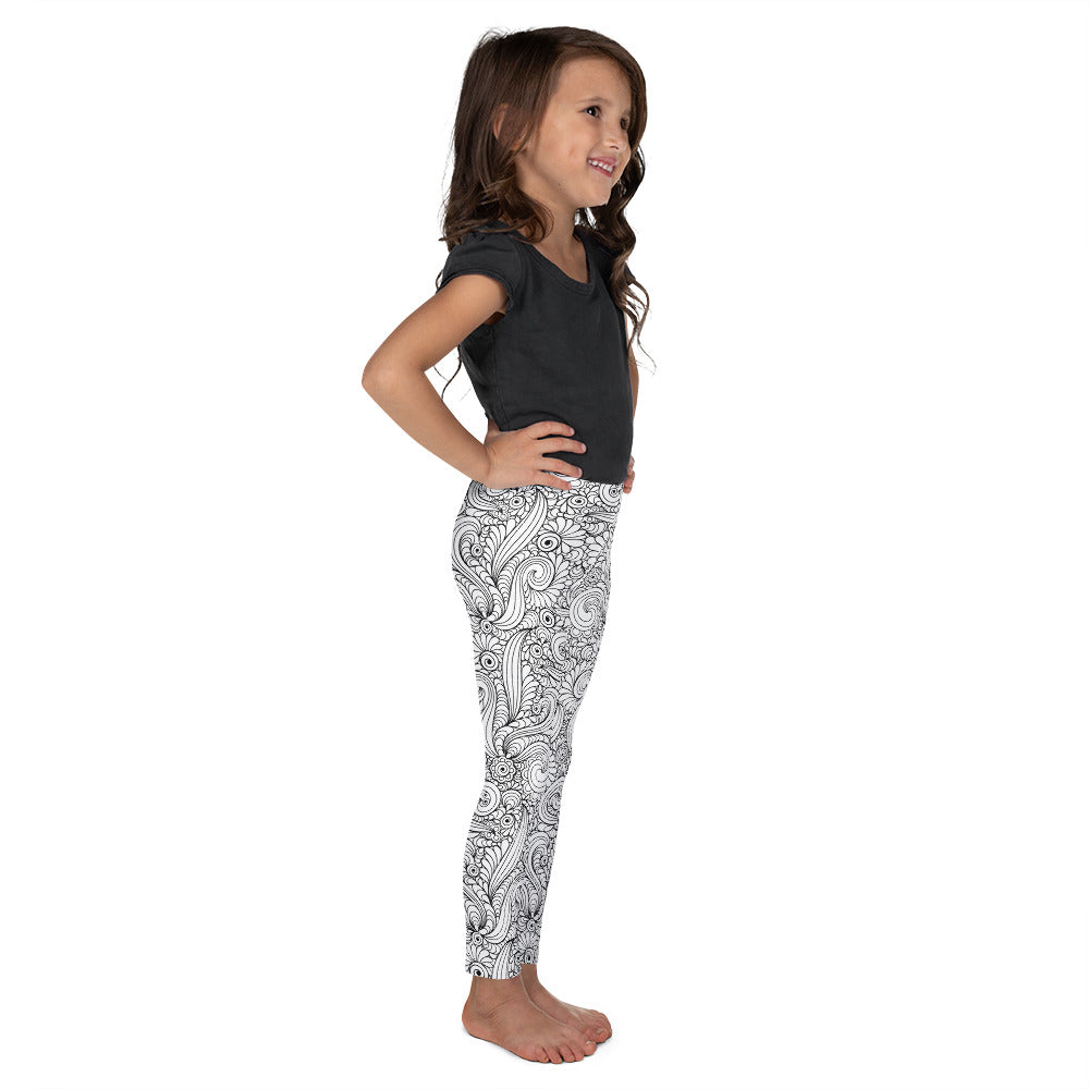 White with Black Hand Drawn Paisleys - Kid's Leggings