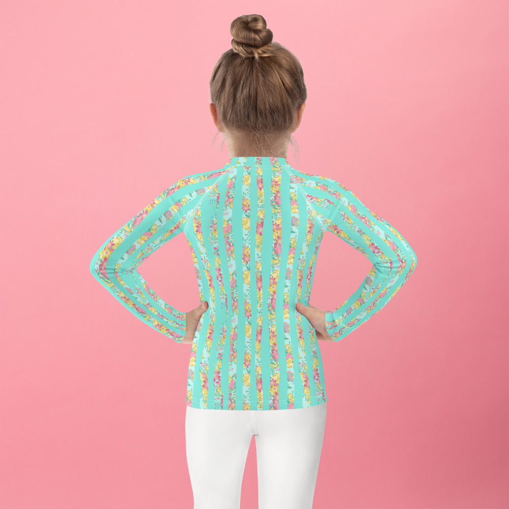 Mint and Flower Stripes - Kids Rash Guard