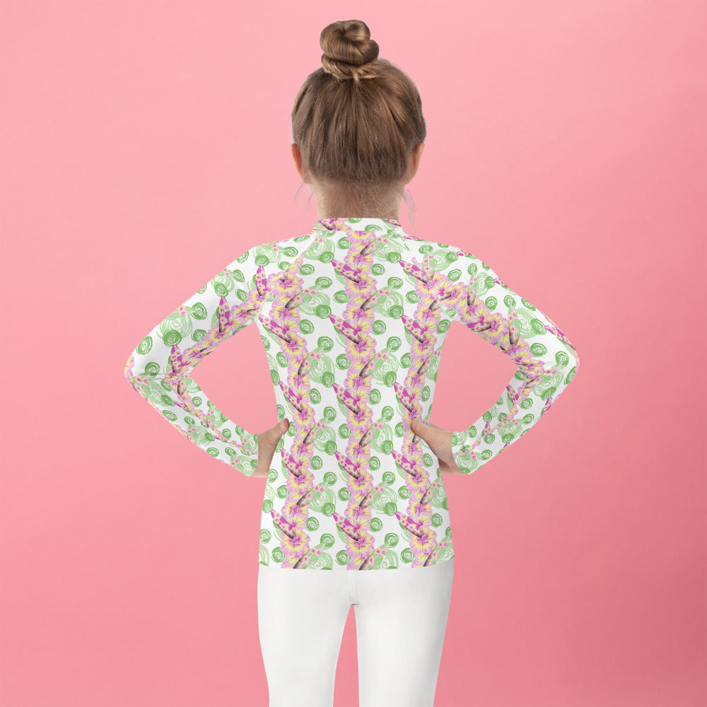 Green Circle, Flowers, Surf Boards - Kids Rash Guard