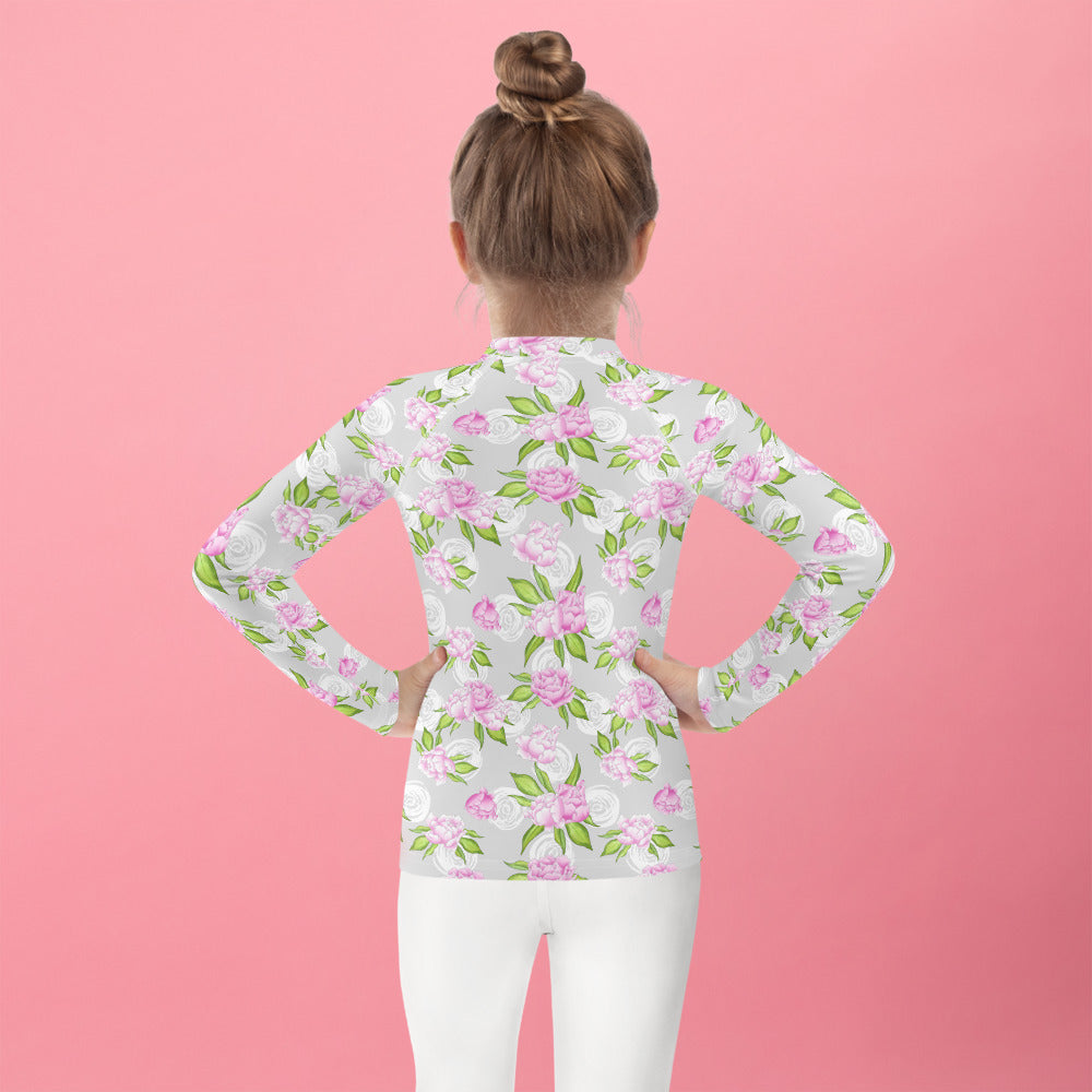 Pink Roses White Circles - Kids Rash Guard