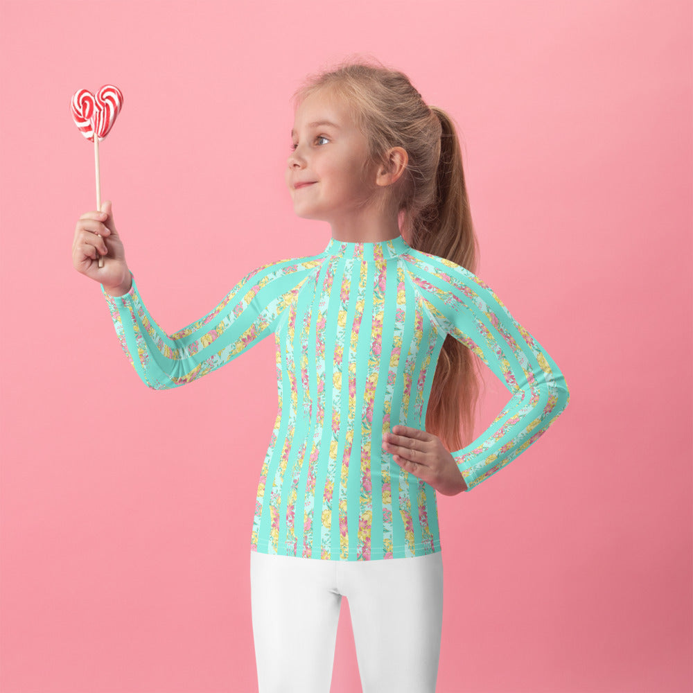 Mint and Flower Stripes - Kids Rash Guard