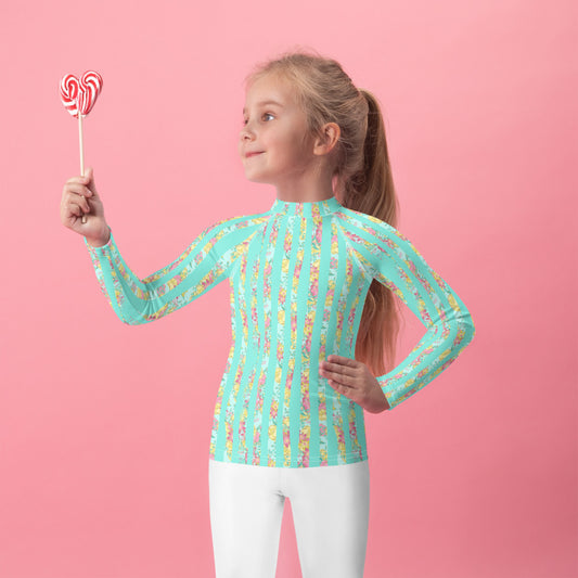 Mint and Flower Stripes - Kids Rash Guard