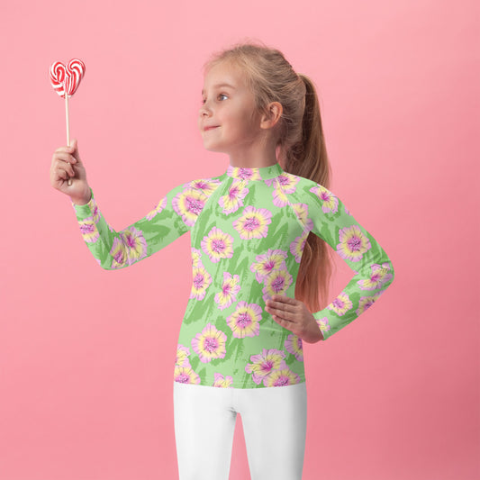 Green with Pink and Yellow Flowers - Kids Rash Guard