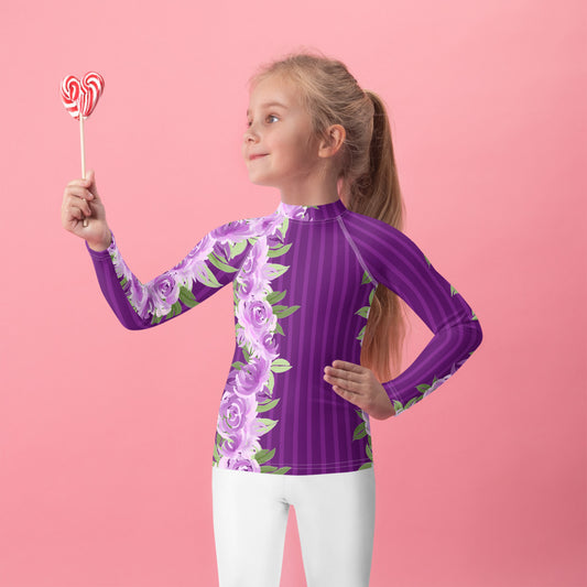 Purple Stripes with Flowers - Kids Rash Guard