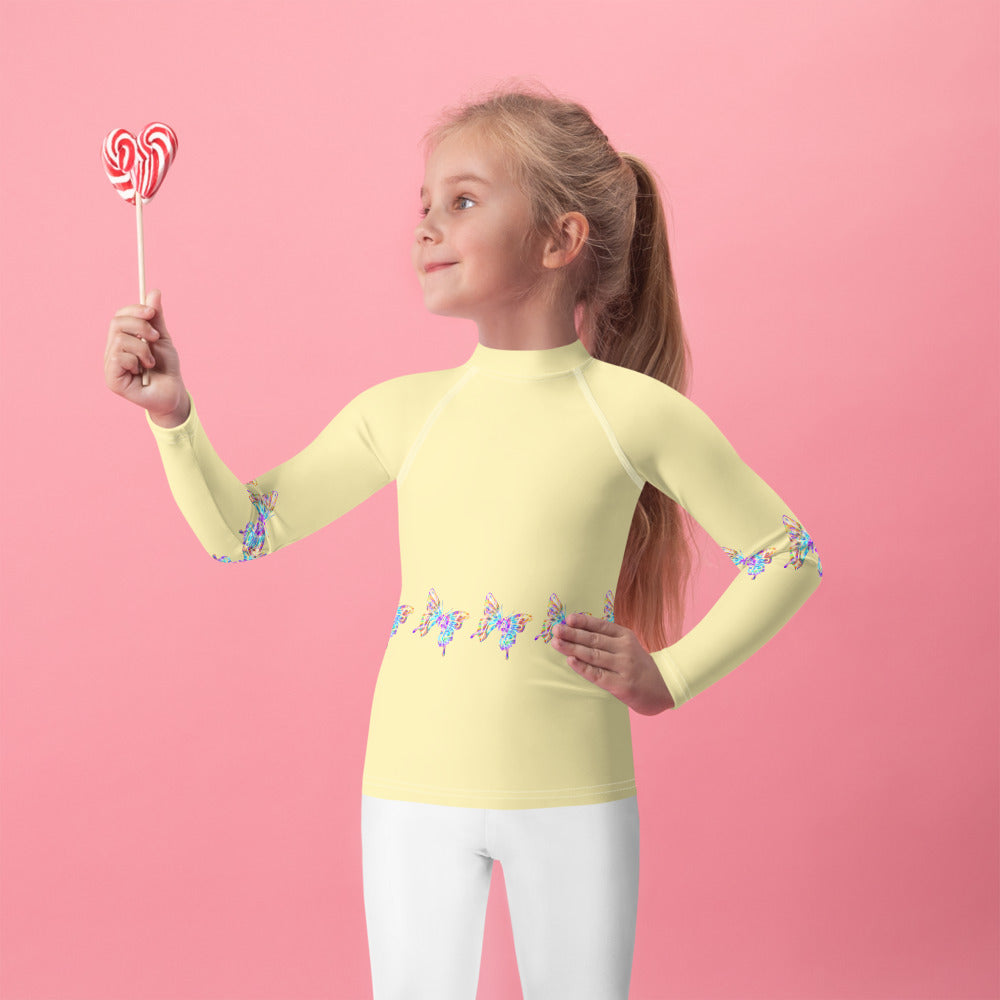 Yellow with Tie Dye Butterflies - Kids Rash Guard