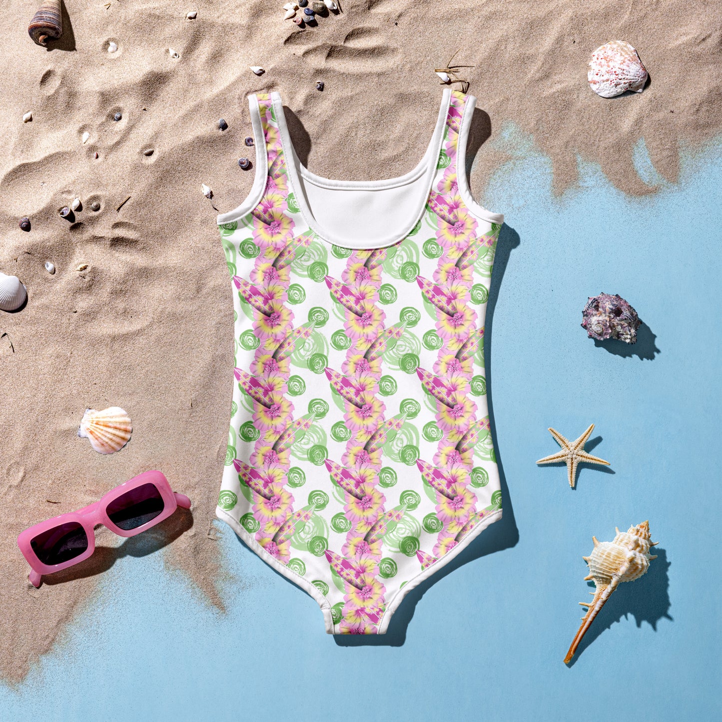Green Circle, Flowers, Surf Boards - Kids Swimsuit