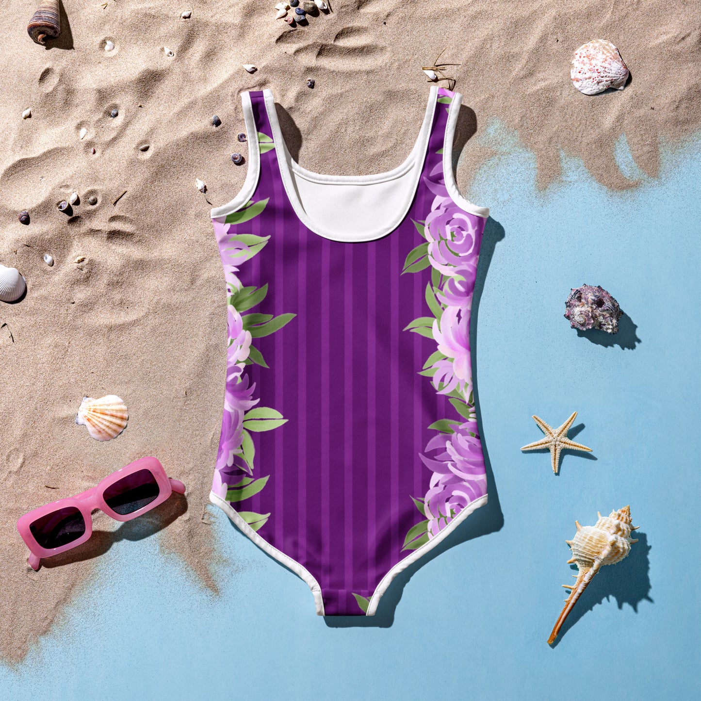 Purple Stripes with Flowers - Kids Swimsuit