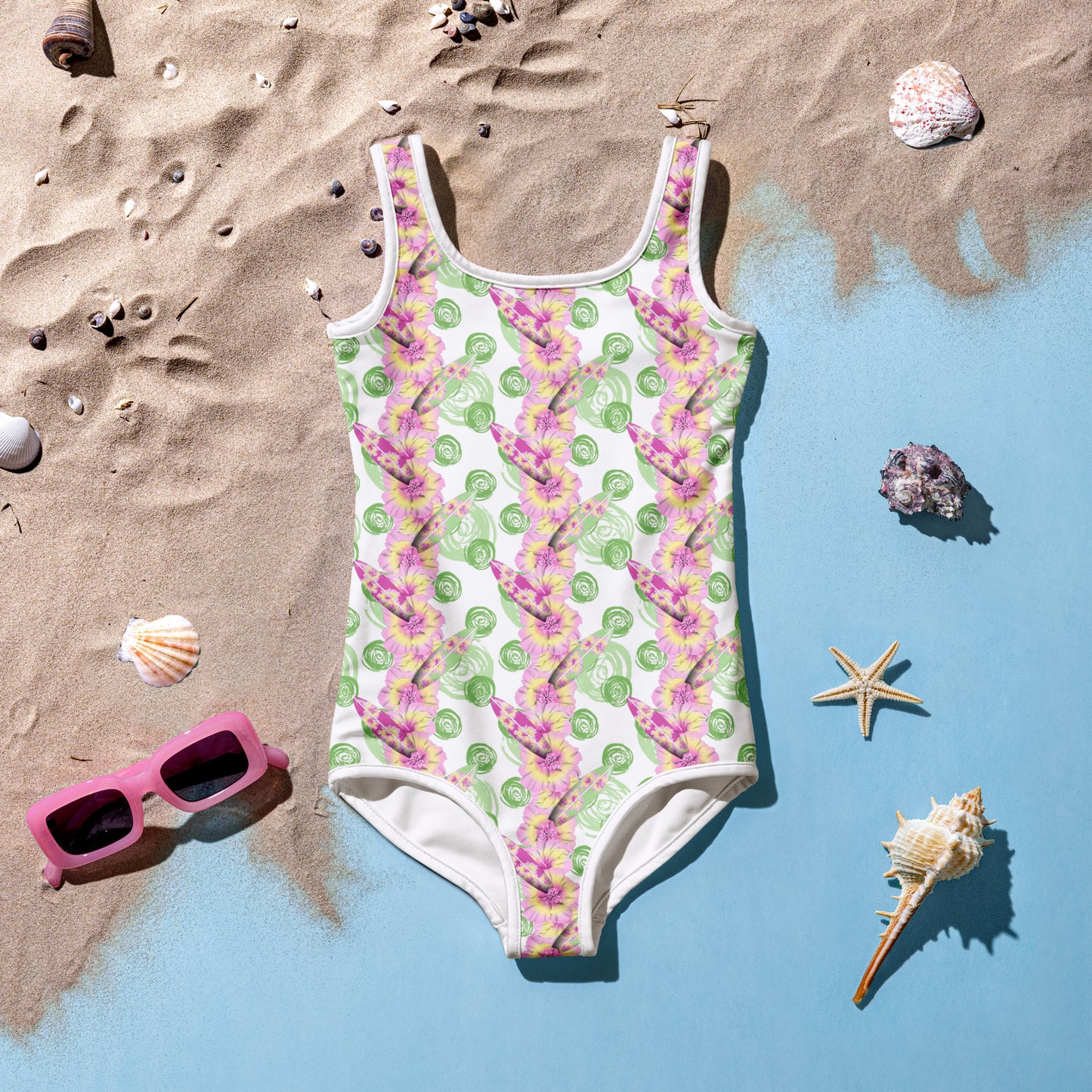 Green Circle, Flowers, Surf Boards - Kids Swimsuit