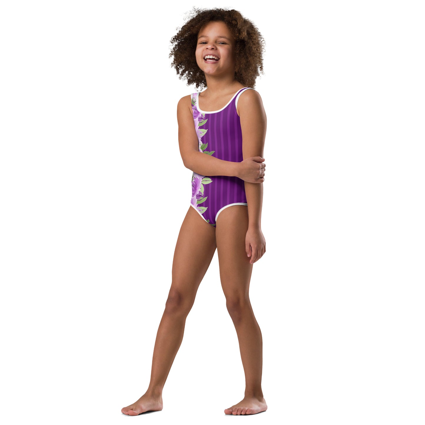 Purple Stripes with Flowers - Kids Swimsuit