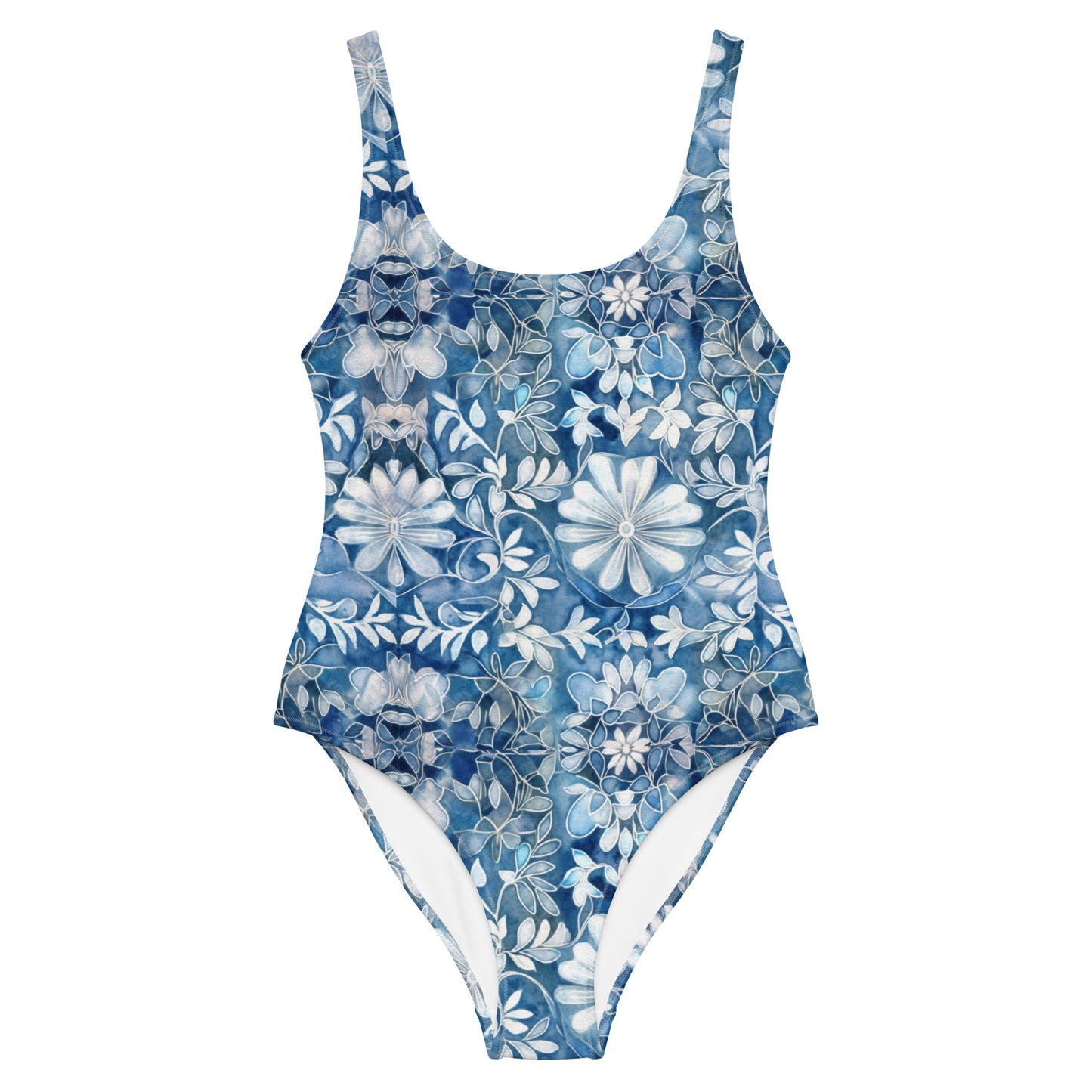 Blue with White Flowers - One-Piece Women Swimsuit