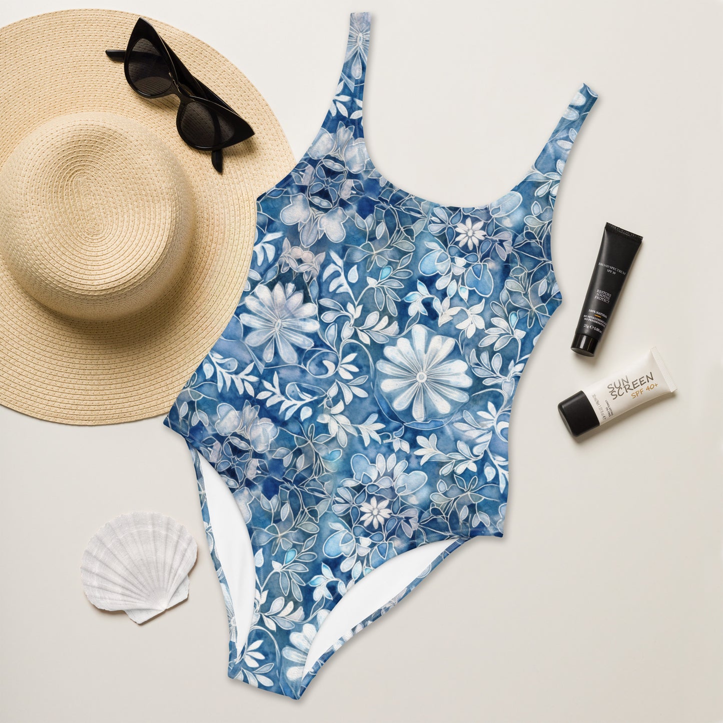 Blue with White Flowers - One-Piece Women Swimsuit