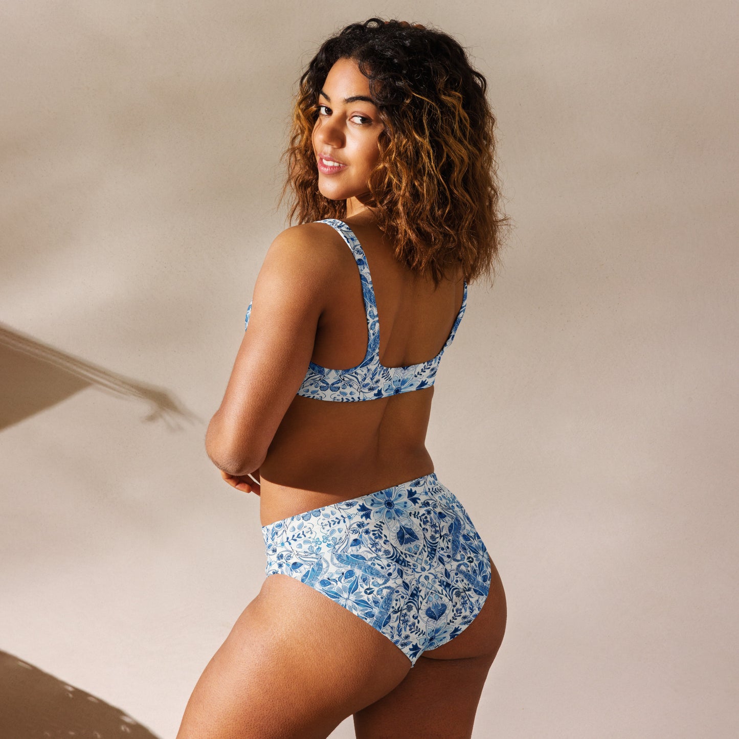 White with Blue Flowers - Recycled high-waisted bikini