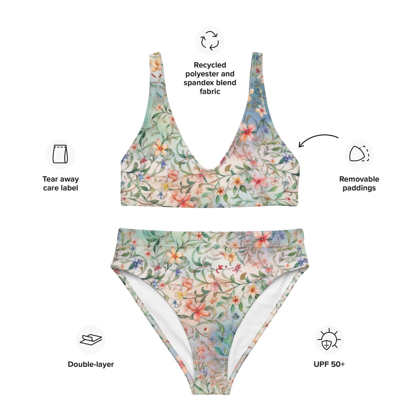 Watercolor Flowers Light - Recycled high-waisted bikini
