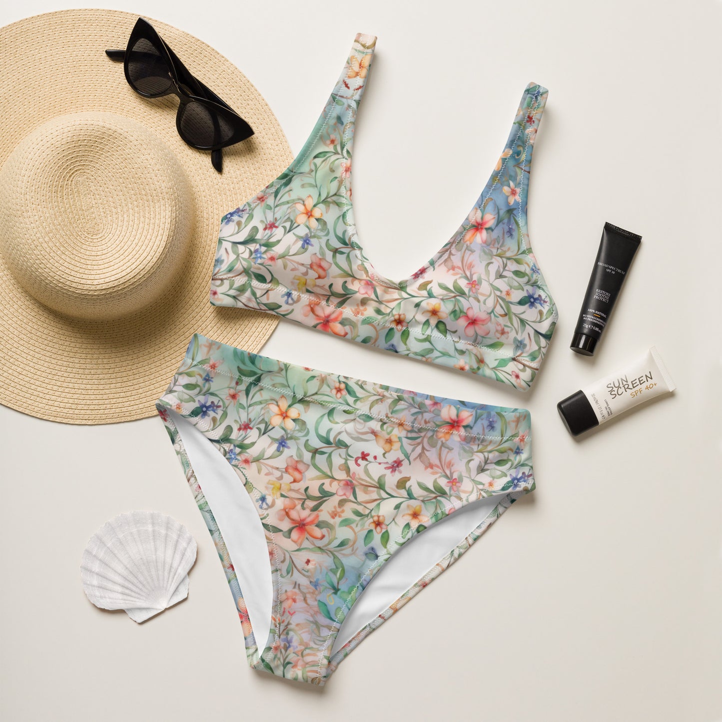 Watercolor Flowers Light - Recycled high-waisted bikini