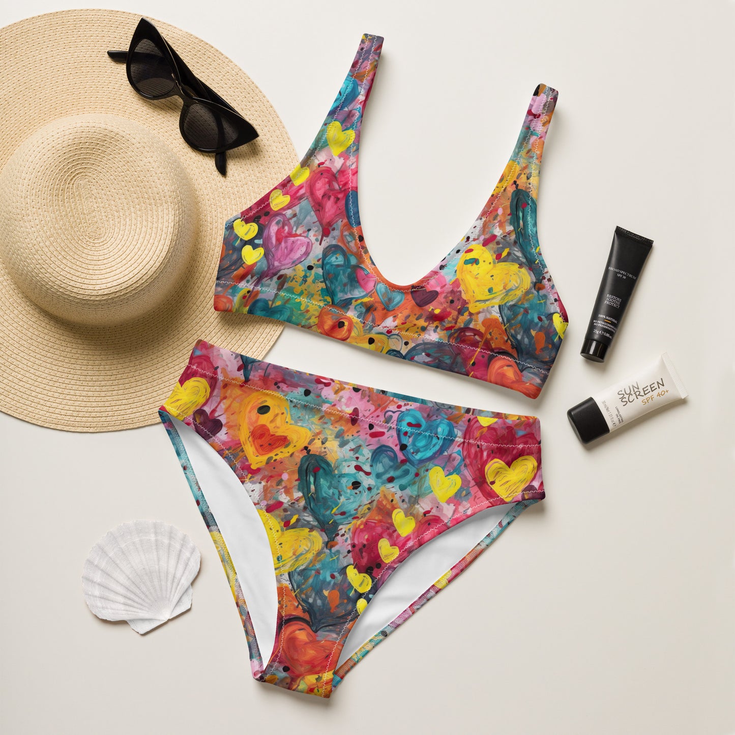 Multicolor Painted Hearts - Recycled high-waisted bikini