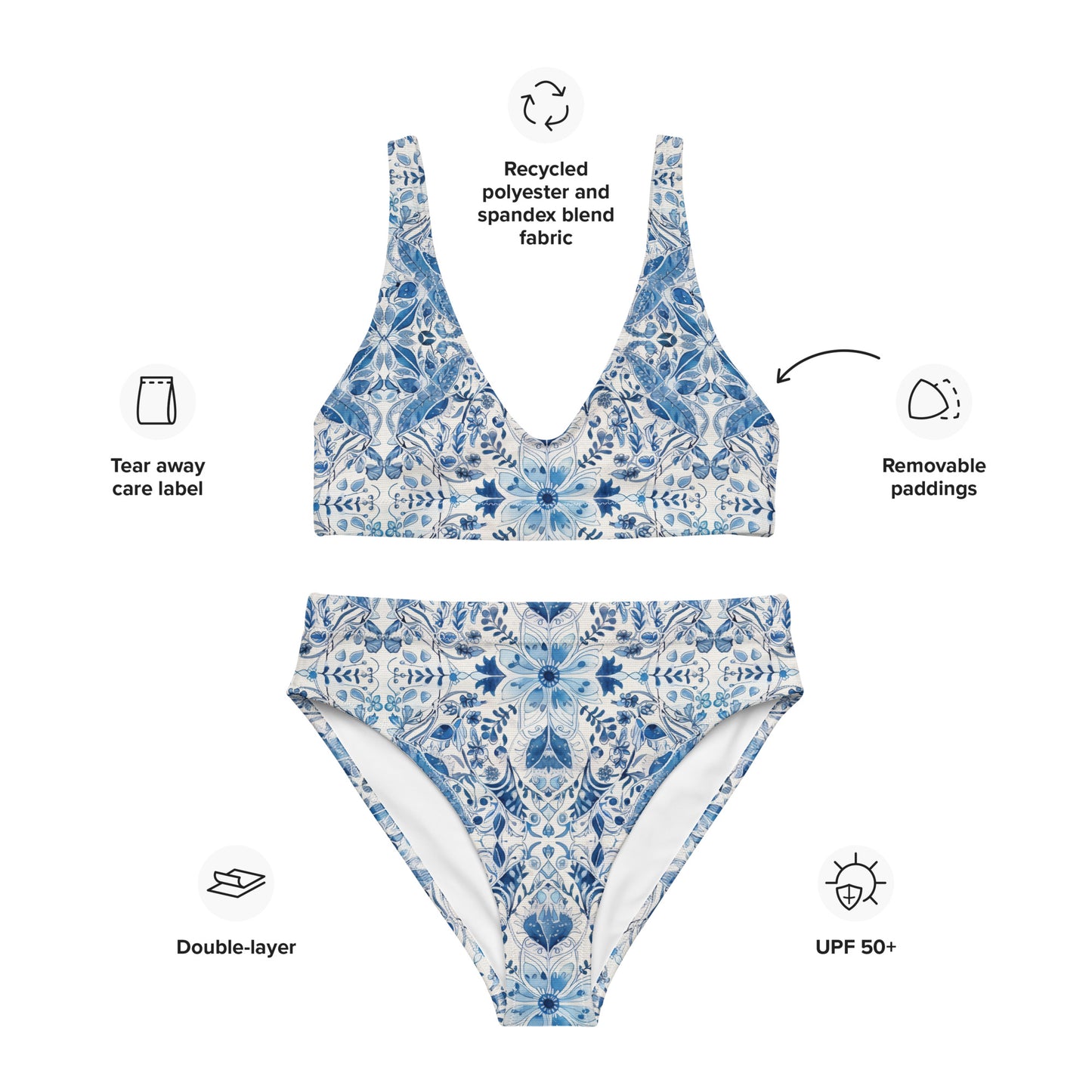 White with Blue Flowers - Recycled high-waisted bikini