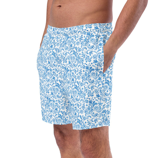 Blue and White Watercolor Swirls - Swim Trunks
