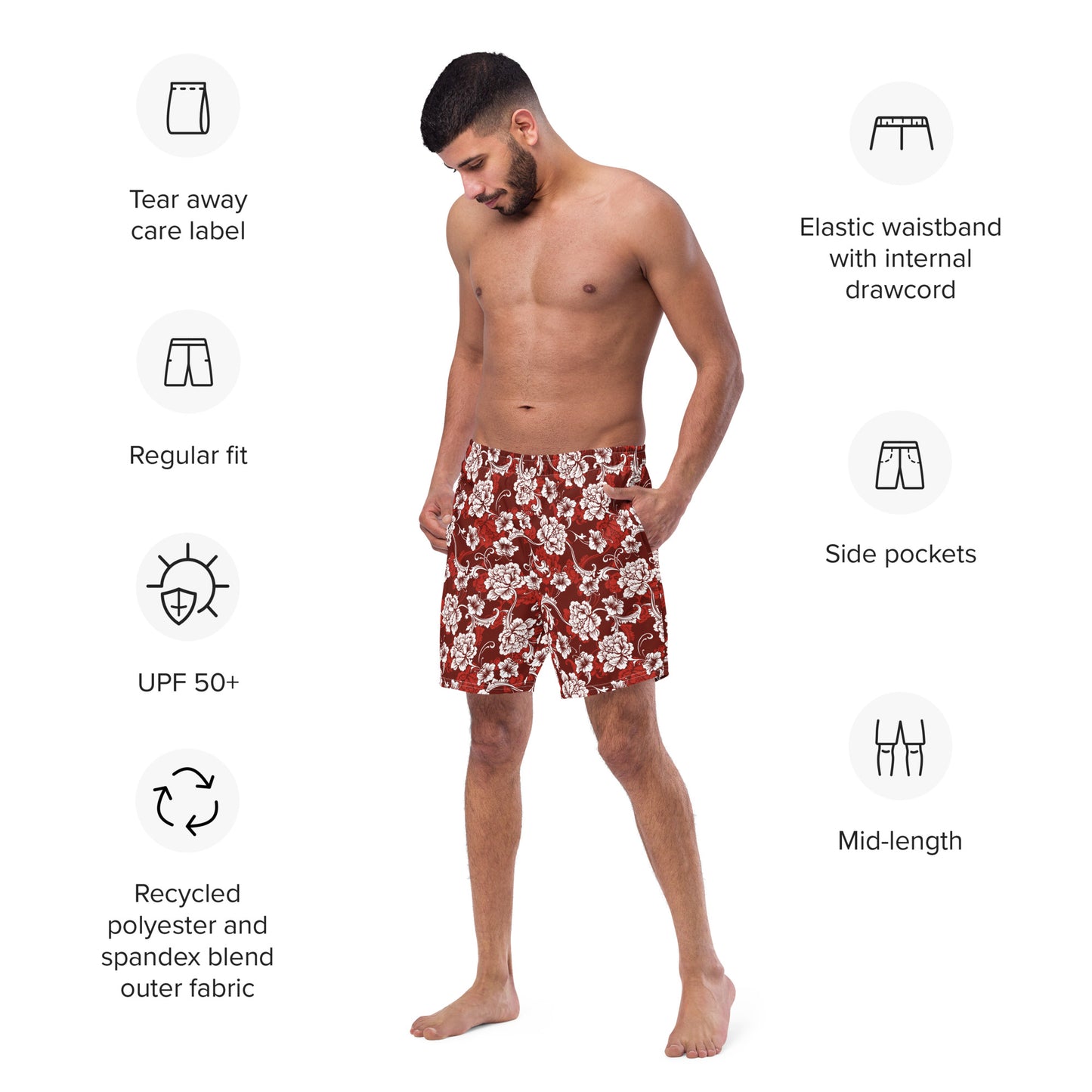 Red Baroque Floral - Swim Trunks