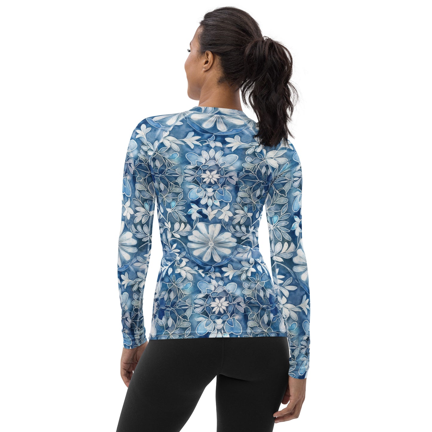 Blue with White Flowers - Women's Rash Guard