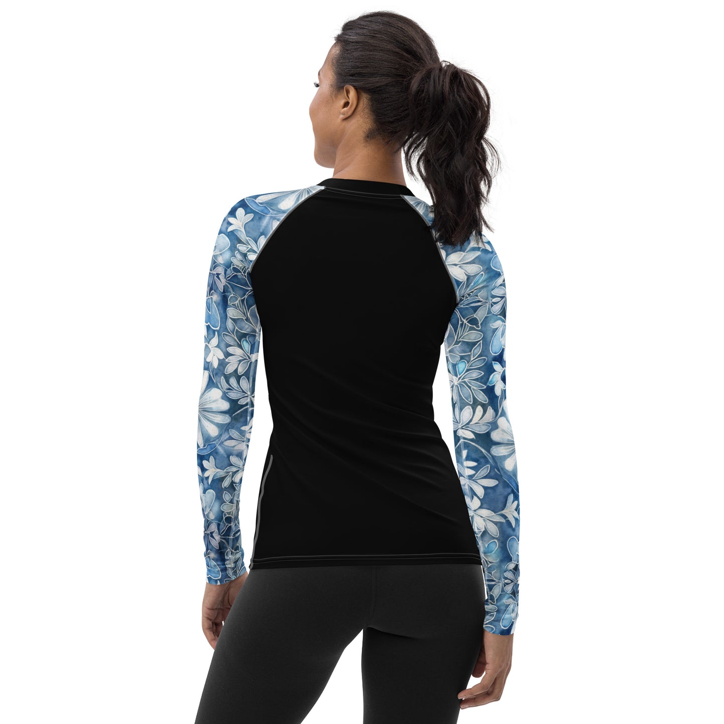 Blue with White Flowers Sleeves and Black Body - Women's Rash Guard
