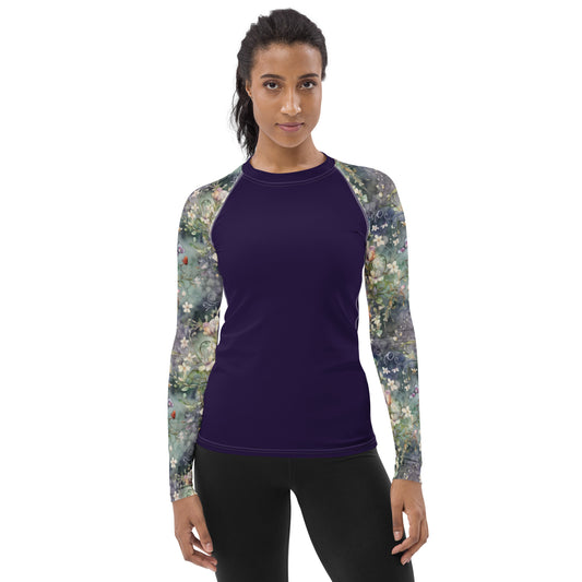 Watercolor Flowers - Dark Sleeves - Navy Body - Women's Rash Guard