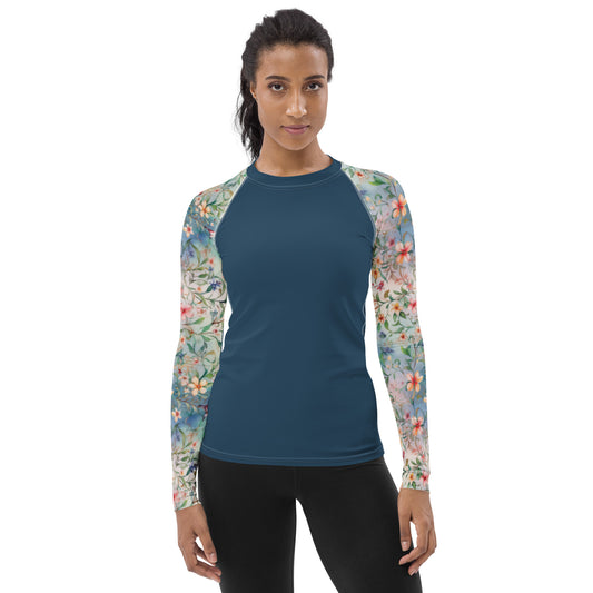 Watercolor Flowers - Light Sleeves - Teal Body - Women's Rash Guard