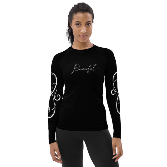 Watercolor Wings and Heart - Powerful - Black - Women's Rash Guard