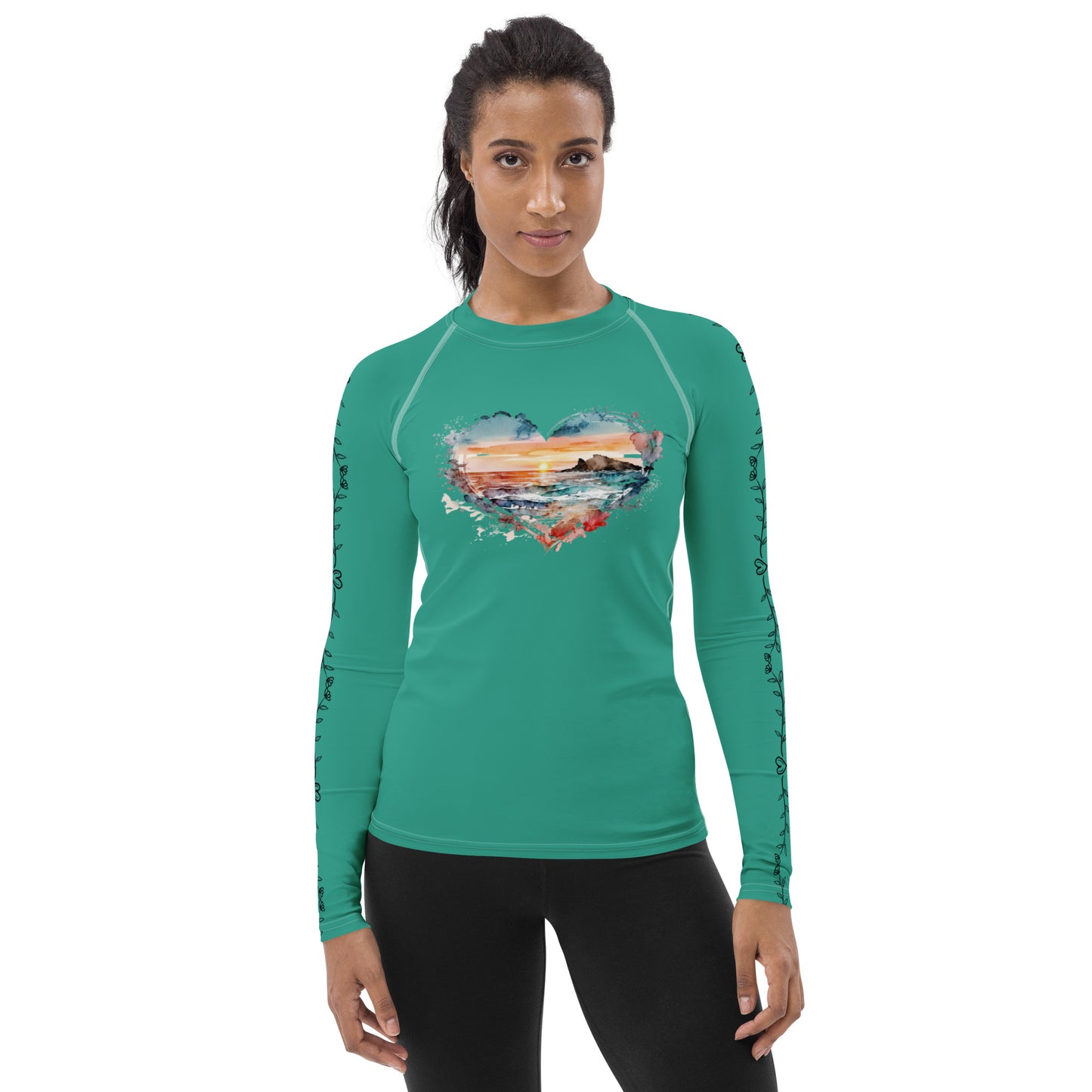 Sunset Heart - Heart Vines - Green/Blue - Women's Rash Guard