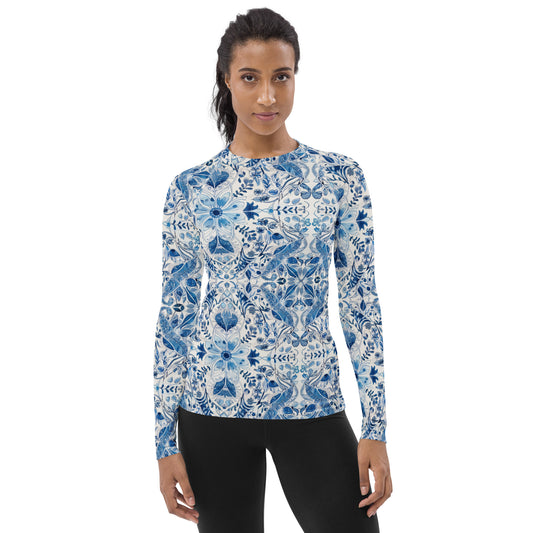 White with Blue Flowers - Women's Rash Guard