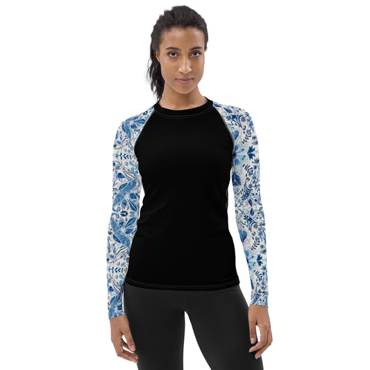 White with Blue Flowers Sleeves and Black Body - Women's Rash Guard