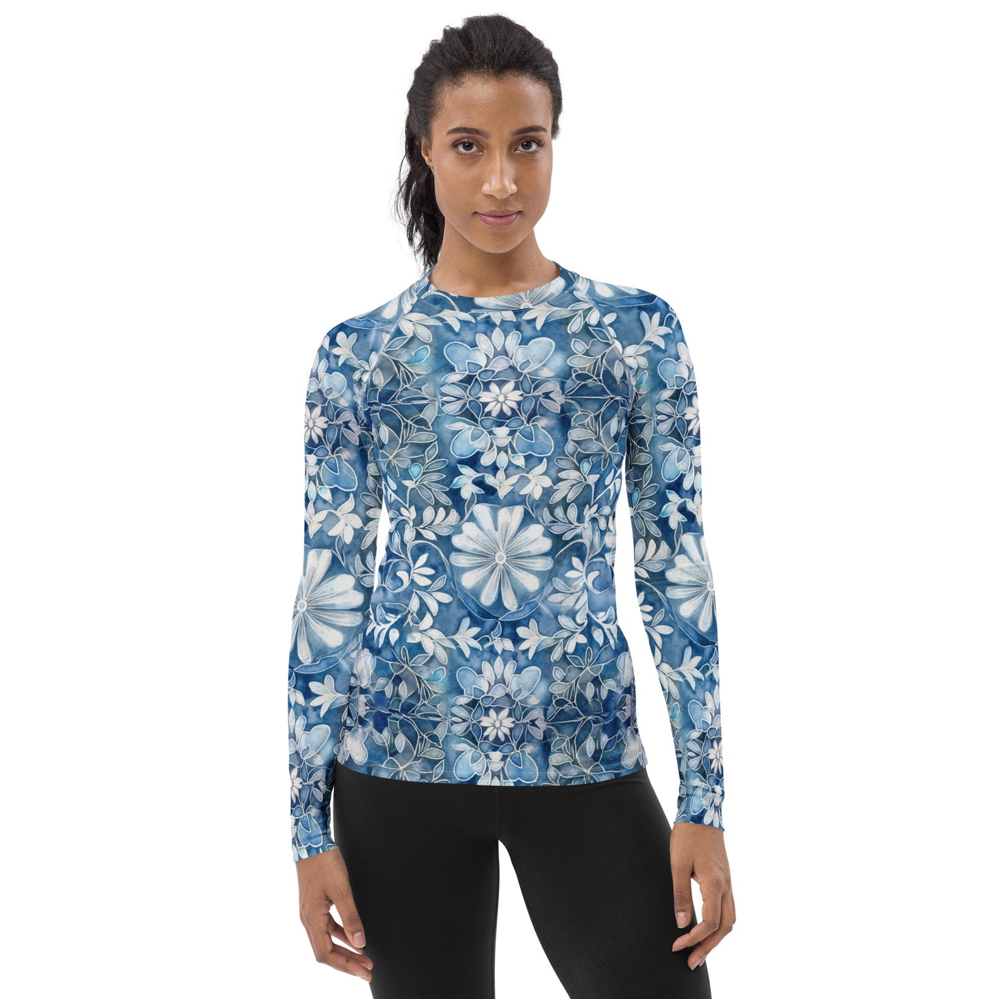 Blue with White Flowers - Women's Rash Guard
