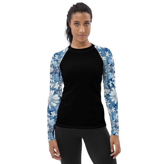Blue with White Flowers Sleeves and Black Body - Women's Rash Guard