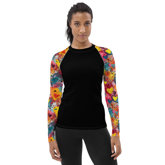 Multicolor Painted Hearts Sleeves and Black Body - Women's Rash Guard