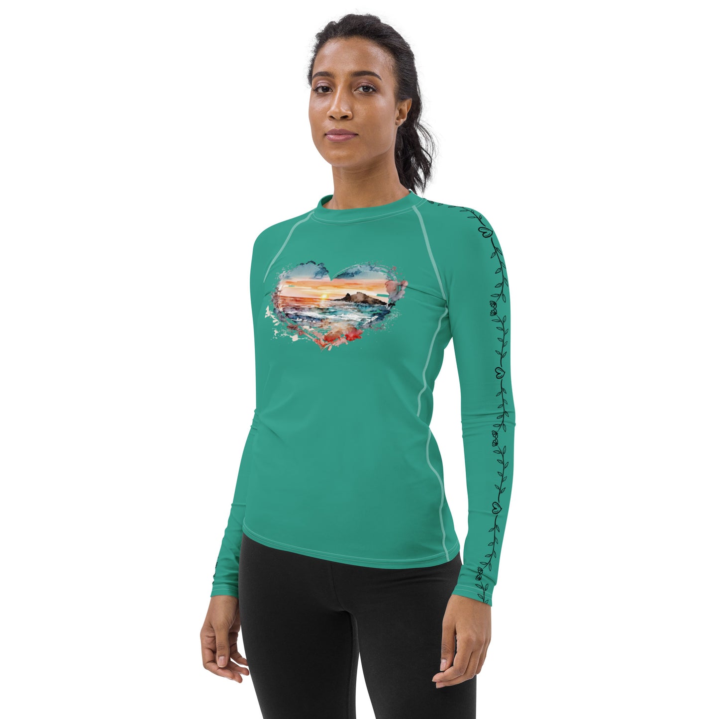 Sunset Heart - Heart Vines - Green/Blue - Women's Rash Guard